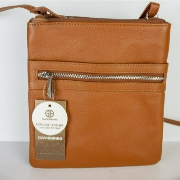 Giani Bernini Triple Zip Pebble Leather Dasher Crossbody- Cognac - Picture 2 of 4